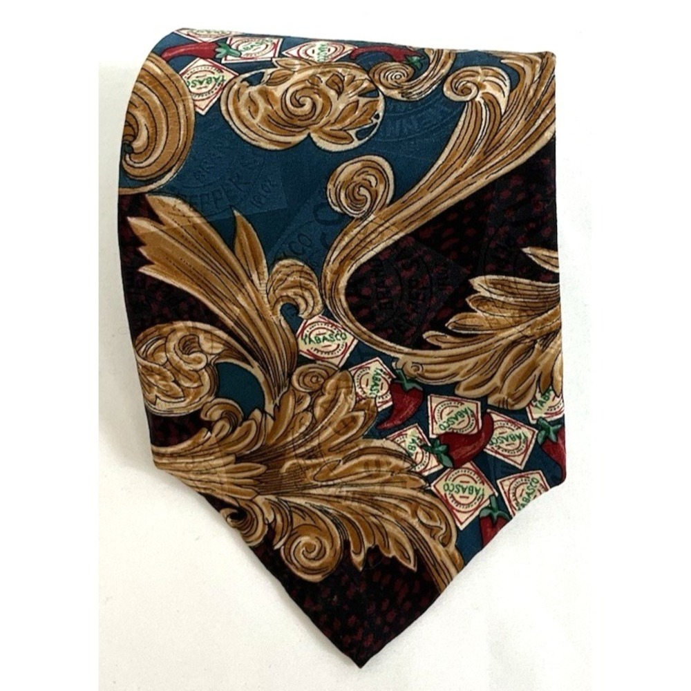 Vtg‎ 90s Tabasco Silk Tie Baroque Gold Scroll Novelty Necktie USA 57"